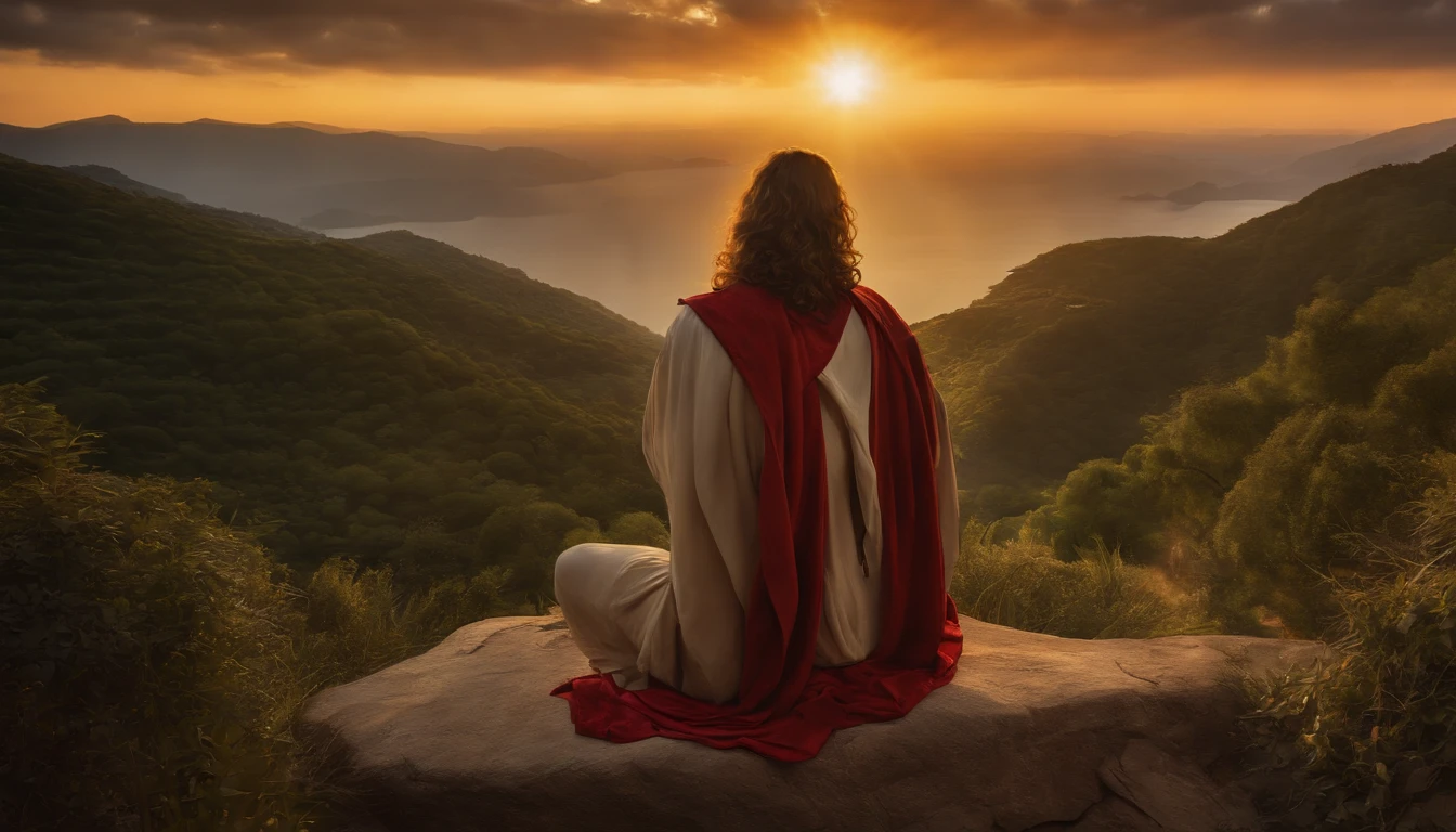 (melhor qualidade,4k,8k,Altas,master part:1.2),ultra-detalhado,(Realistic,fotorrealista,photo-realistic:1.37),jesus cristo, in Prayer, with folded hands, estilo de arte tradicional,vivid and dynamic brushstrokes,Ancient playful setting ,Charismatic expression,postura humilde,historic portrait,Noble Features,estilo de pintura de tinta e lavagem,finely detailed facial features,Paradisiacal scenery,olhar confiante,,ambiente com Luz do sol dourada iluminando a cena,aura angelical,atmosphric perspective,Explosive lighting