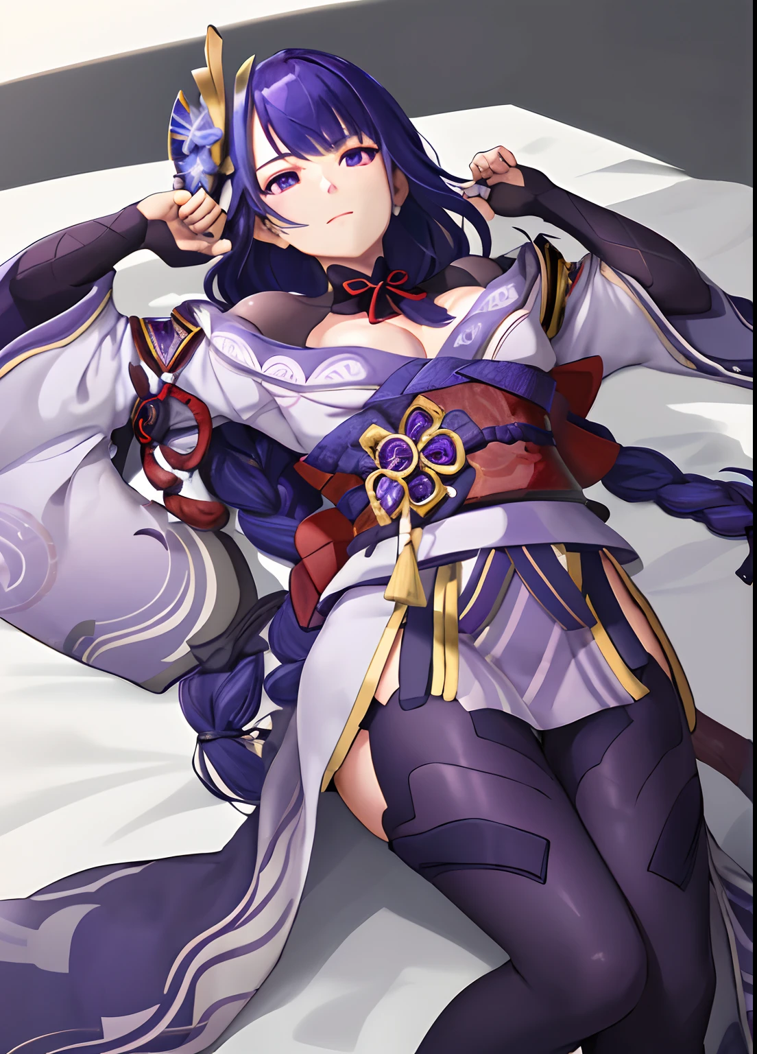 raidenshogundef, looking at viewer, facing viewer, lying down, hand up, calm