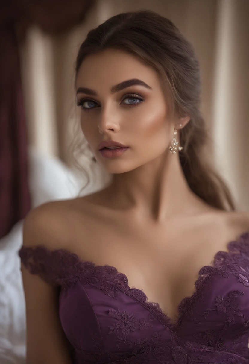 Arafed woman completely , fille sexy aux yeux bruns, ultra realist, Meticulously detailed, Portrait Sophie Mudd, cheveux bruns et grands yeux, selfie of a young woman, Dubai Eyes, Violet Myers, sans maquillage, maquillage naturel, looking straight at camera, Visage avec Artgram, Maquillage subtil, Great photo of the whole body kneeling on the bed, dans la chambre, Medium to large bust
