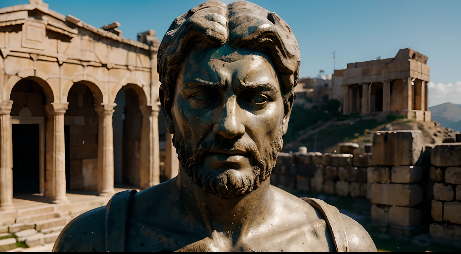 Ancient Stoic Statue With Very Angry Expression, tem barba, muitos detalhes em ambos os olhos, Outside, fundo atenas grego, open sky, com rosto extremamente detalhado full body view, Colors with low saturation with dark tone, Filmado em Sony A7S III com Sony FE 35mm f/1.8, 12.1 MP, --AR 3:2 --estilo cru