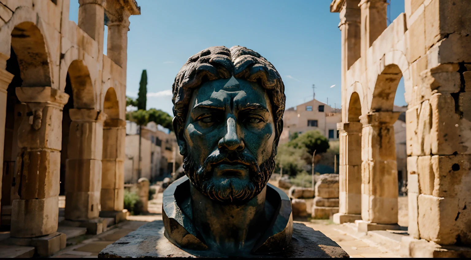 Ancient Stoic Statue With Very Angry Expression, tem barba, muitos detalhes em ambos os olhos, Outside, fundo atenas grego, open sky, com rosto extremamente detalhado full body view, Colors with low saturation with dark tone, Filmado em Sony A7S III com Sony FE 35mm f/1.8, 12.1 MP, --AR 3:2 --estilo cru