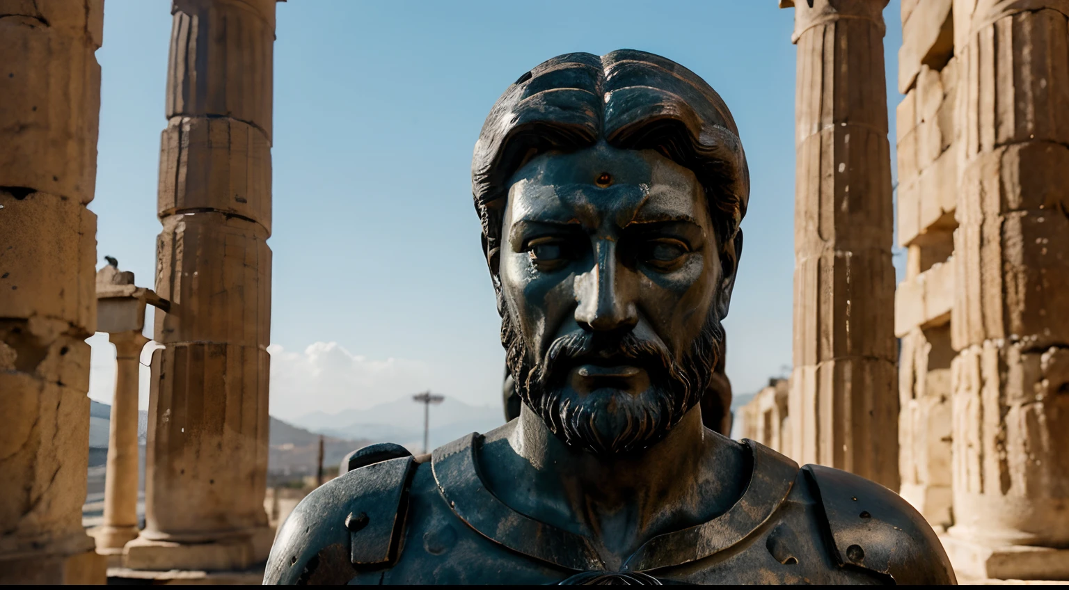 Ancient Stoic Statue With Very Angry Expression, tem barba, muitos detalhes em ambos os olhos, Outside, fundo atenas grego, open sky, com rosto extremamente detalhado full body view, Colors with low saturation with dark tone, Filmado em Sony A7S III com Sony FE 35mm f/1.8, 12.1 MP, --AR 3:2 --estilo cru