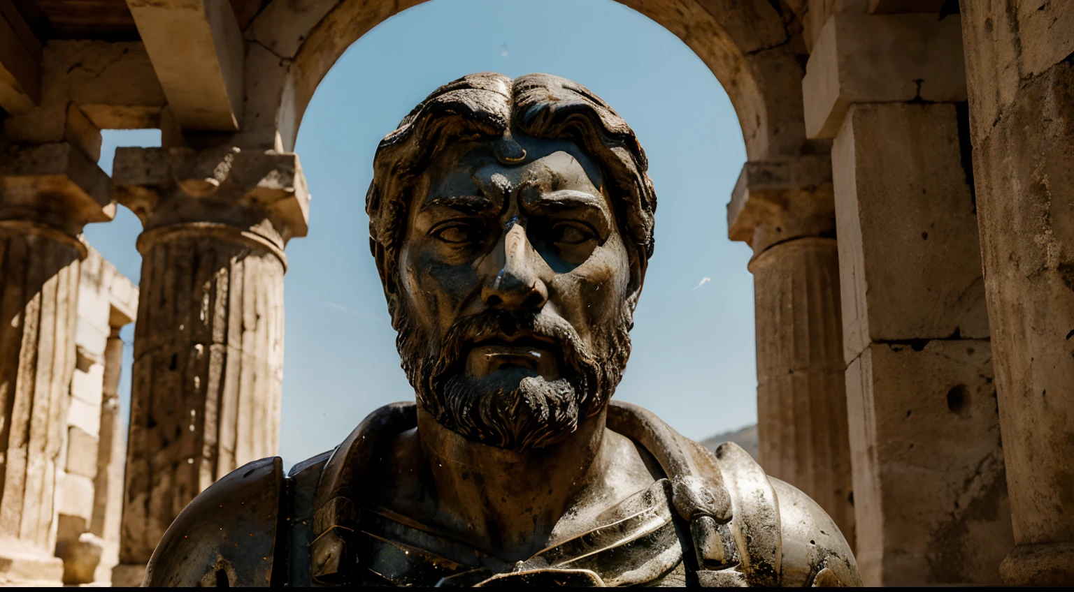 Ancient Stoic Statue With Very Angry Expression, tem barba, muitos detalhes em ambos os olhos, Outside, fundo atenas grego, open sky, com rosto extremamente detalhado full body view, Colors with low saturation with dark tone, Filmado em Sony A7S III com Sony FE 35mm f/1.8, 12.1 MP, --AR 3:2 --estilo cru