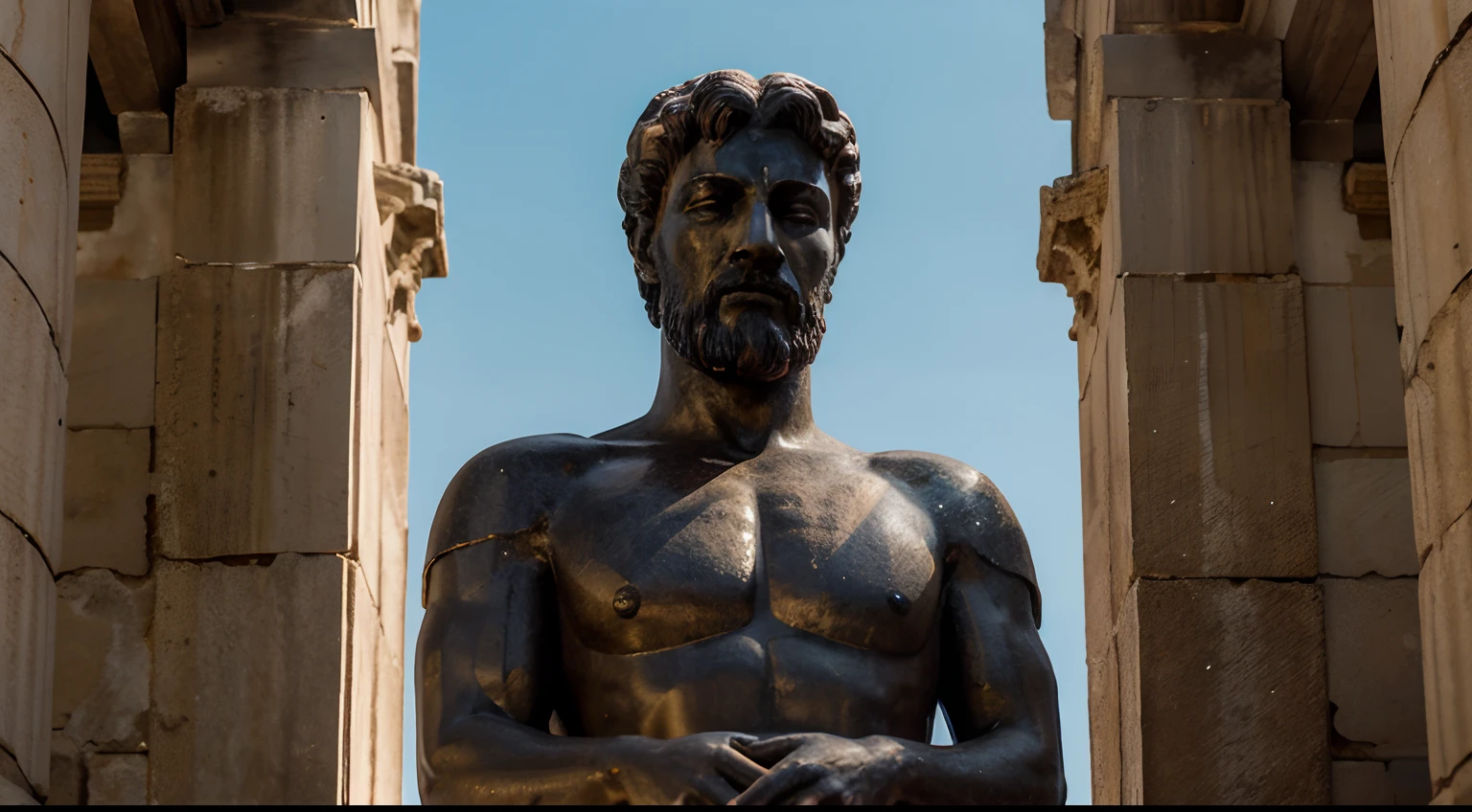Ancient Stoic Statue With Very Angry Expression, tem barba, muitos detalhes em ambos os olhos, Outside, fundo atenas grego, open sky, com rosto extremamente detalhado full body view, Colors with low saturation with dark tone, Filmado em Sony A7S III com Sony FE 35mm f/1.8, 12.1 MP, --AR 3:2 --estilo cru