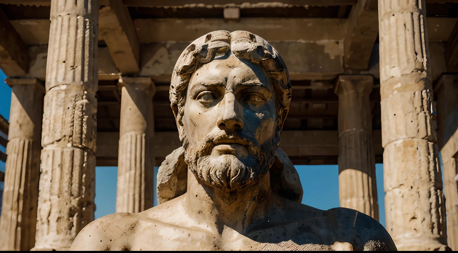 Ancient Stoic Statue With Very Angry Expression, tem barba, muitos detalhes em ambos os olhos, Outside, fundo atenas grego, open sky, com rosto extremamente detalhado full body view, Colors with low saturation with dark tone, Filmado em Sony A7S III com Sony FE 35mm f/1.8, 12.1 MP, --AR 3:2 --estilo cru