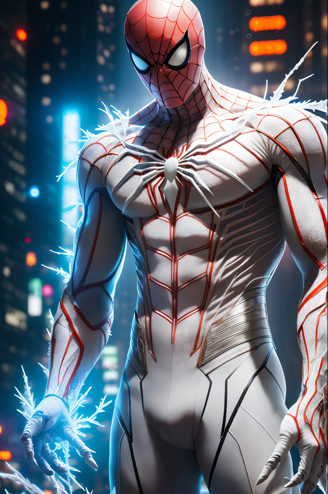 (extremely detailed 8k wallpaper), a medium shot photo of white cyberpunk Spiderman suit made of cyan ice from marvel, Halloween theme, Halloween decorations, intricate, high detail, dramatic
