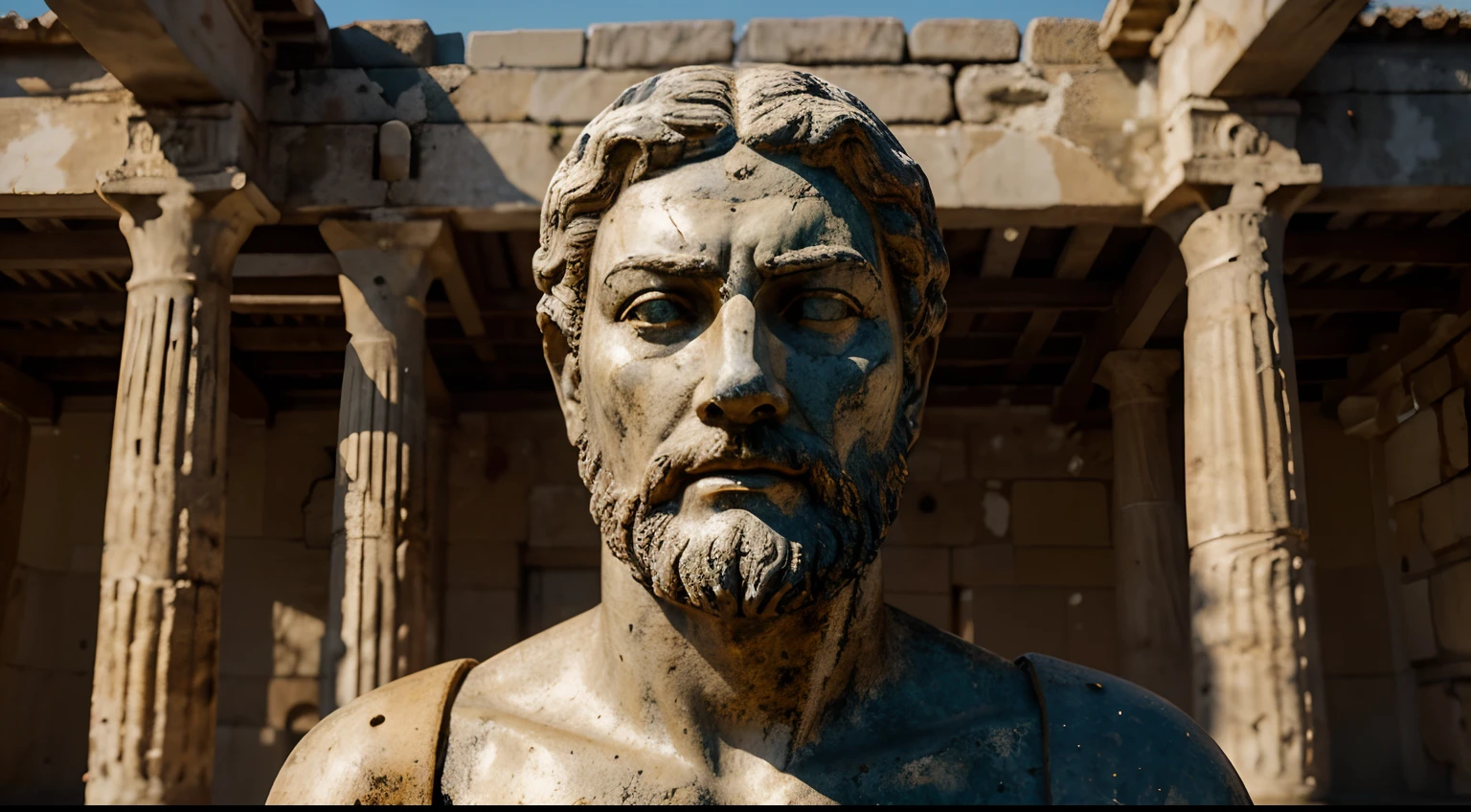 Ancient Stoic Statue With Very Angry Expression, tem barba, muitos detalhes em ambos os olhos, Outside, fundo atenas grego, open sky, com rosto extremamente detalhado full body view, Colors with low saturation with dark tone, Filmado em Sony A7S III com Sony FE 35mm f/1.8, 12.1 MP, --AR 3:2 --estilo cru