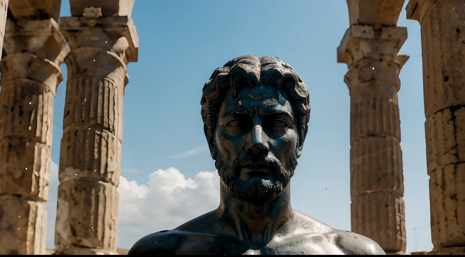 Ancient Stoic Statue With Very Angry Expression, tem barba, muitos detalhes em ambos os olhos, Outside, fundo atenas grego, open sky, com rosto extremamente detalhado full body view, Colors with low saturation with dark tone, Filmado em Sony A7S III com Sony FE 35mm f/1.8, 12.1 MP, --AR 3:2 --estilo cru