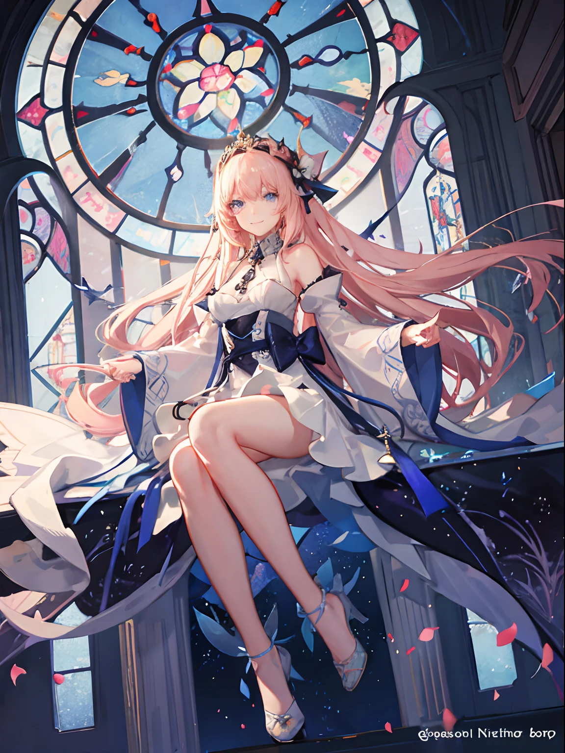((masutepiece)), ((Best Quality)), (Ultra-detailed), Illustration, full body Esbian, chies, morning, Pretty women, Solo, pink long dress, beautiful blond hair, Beautiful blue eyes, ((Beautiful eyes)), Long hair, a smile, stained glass window、Light shines in, Looking up at the stained glass window