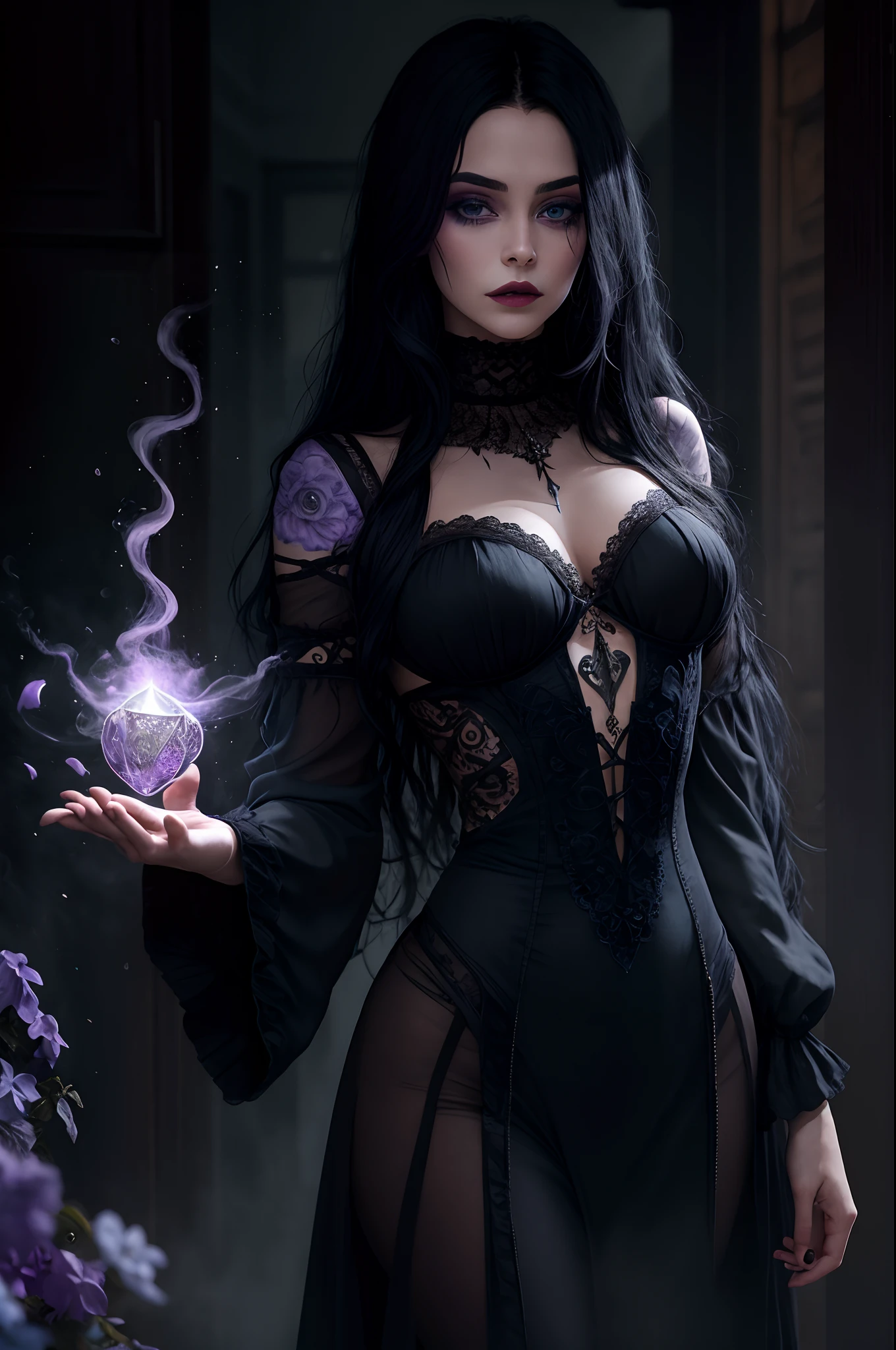 Bruxa: Young goth woman with long black hair., Roupa: considere roupas de couro preto, com muitos com bolsos., Olhos: olhos pretos., Tatuagens: considera uma bela jovem tatuada., Magia: In his hand a luminous mist of bluish and lilac color.