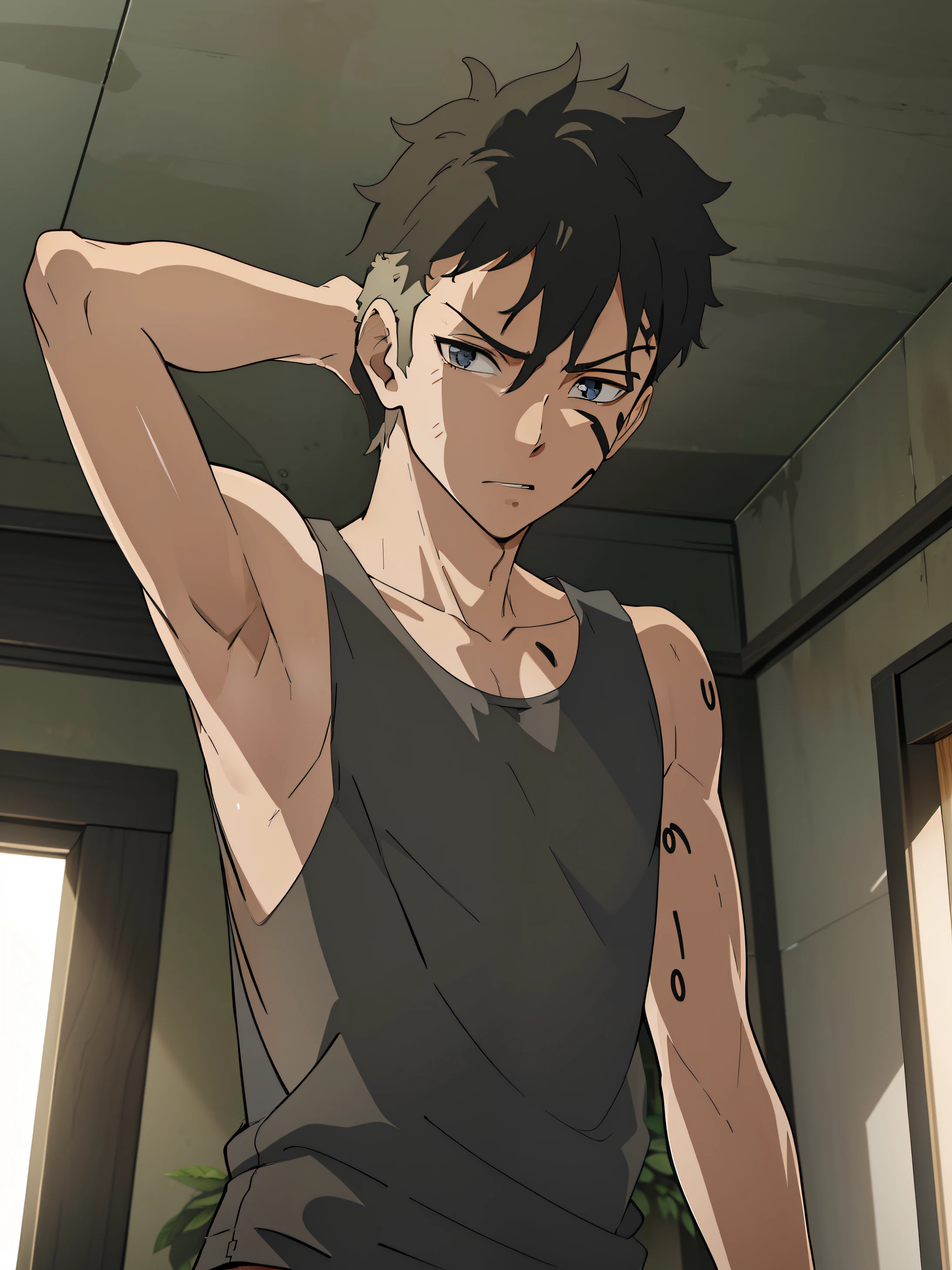 Highres, Masterpiece, Best quality at best,Best Quality,hight quality, hight detailed, boy, 1boy, kawaki, tank top, masterpiece, (slim body), (short body), (showing armpit:1.3)