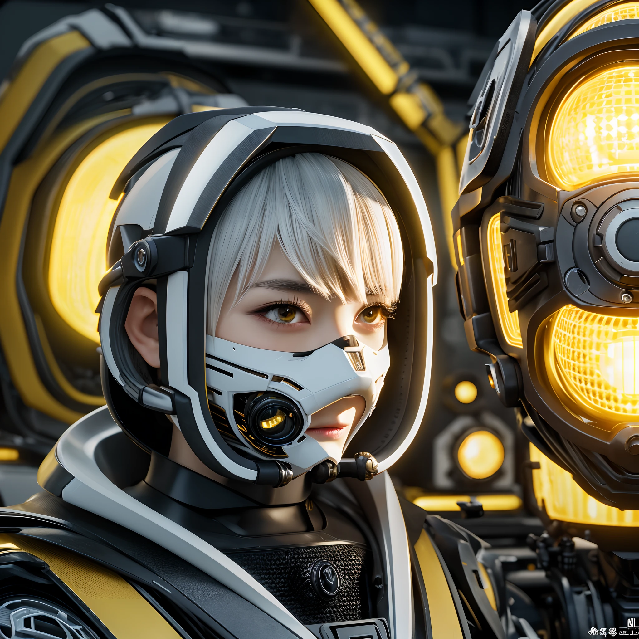 (masutepiece:1.2,High quality), 1girl in, ((super realistic details)), Global Illumination, shadowy, Unreal Engine, Octane Render, 8K, ultrasharp, Metal, Convoluted, ornaments detailed, highly intricate detail, Yellow eyes, (Mechanical body:1.2), White hair, (Black Gas Mask), gear, bob cuts, Hundreds of wires, Terrans, (droid, android:1.15), Apocalypse, Broken Buildings