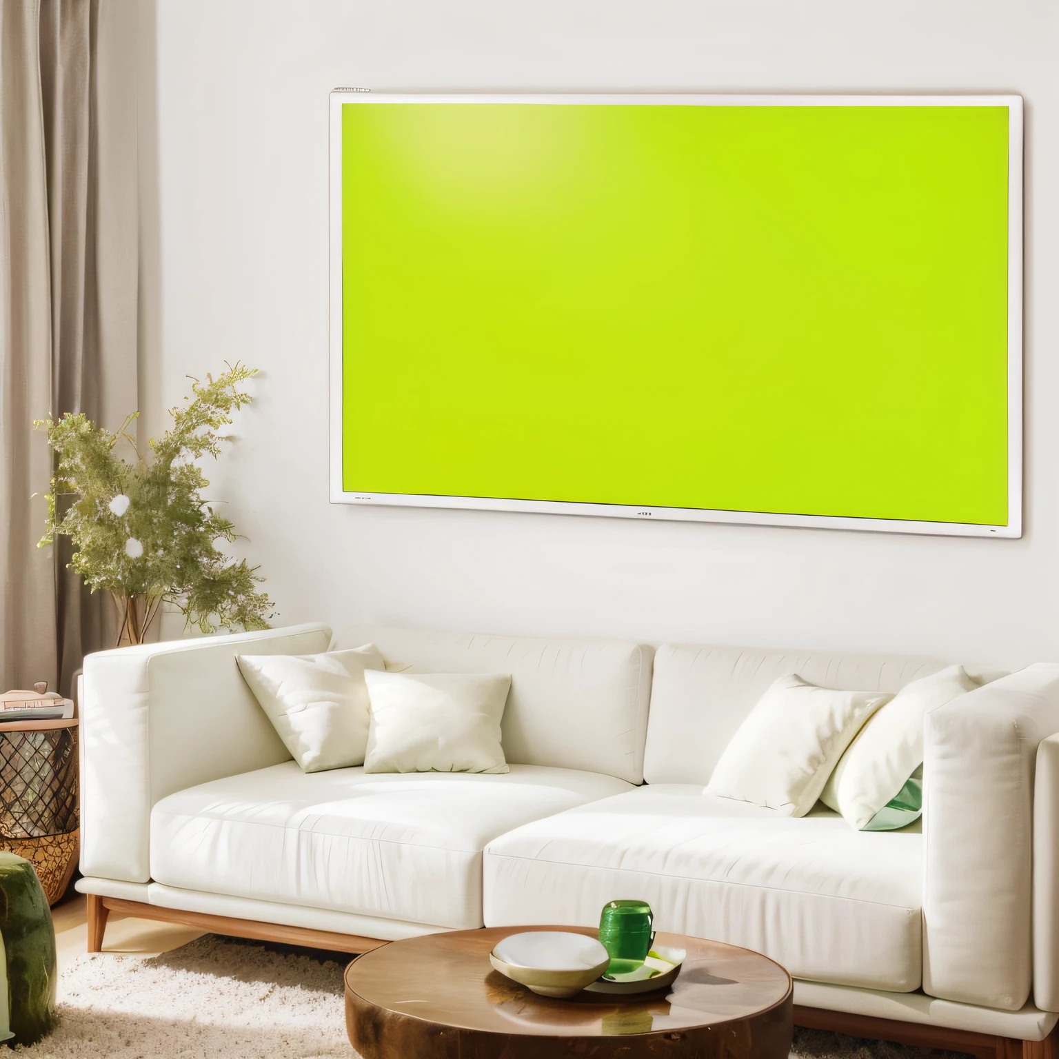 Arafed image of a living room with a light green sofa and a coffee table, moldura mais grossa, moldura larga, sombras corretas e realistas, Cor do cartaz sobre tela, lime and gold hue, lime green, Pintura minimalista abstrata, verde neon, em um Canva amarelo, moldura da tv, esquema de cores chartreuse, Arte 4K, Pintura minimalista, neon branco, Limpar 4K, painted pale yellow and green, 4k!