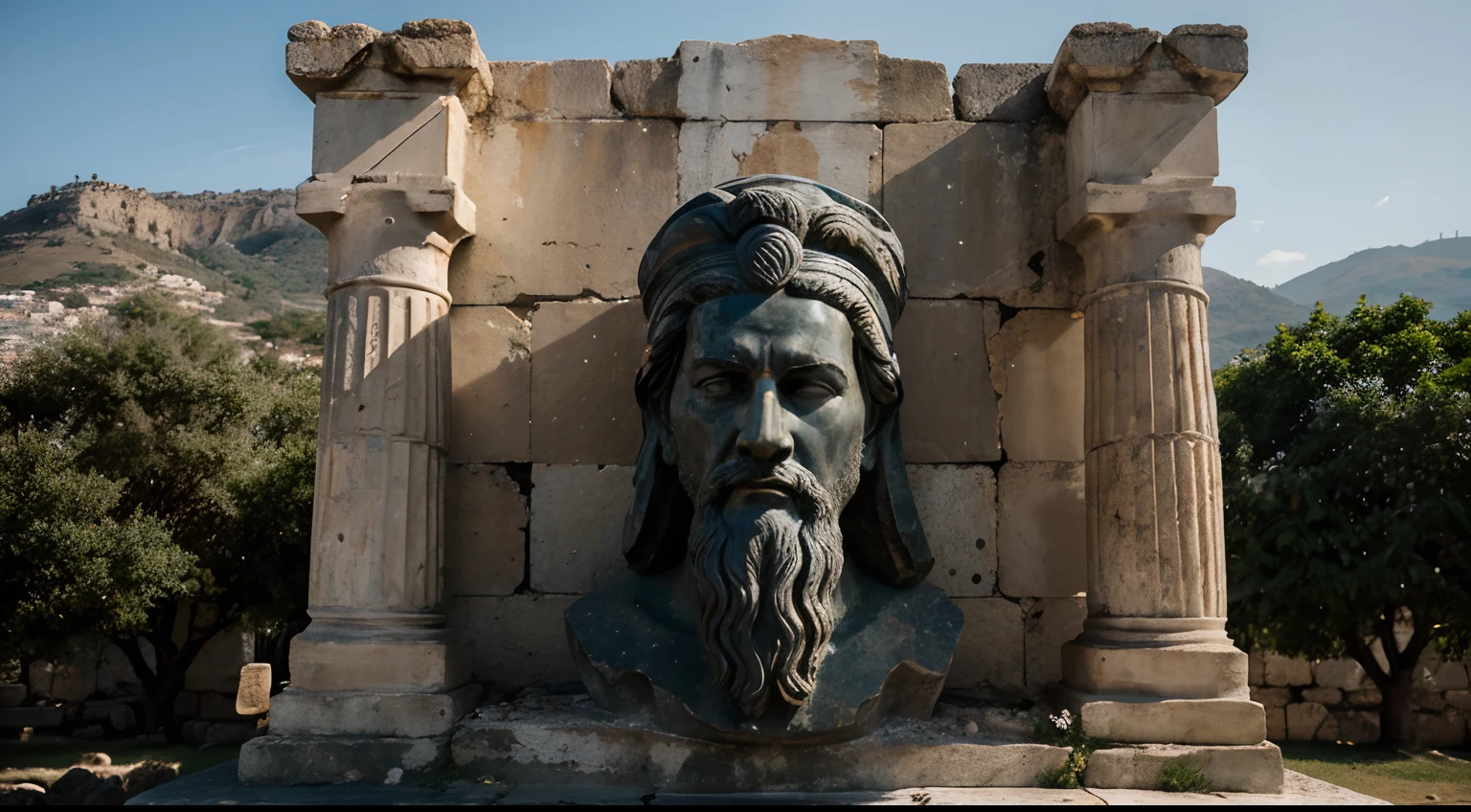Ancient Stoic Statue With Very Angry Expression, tem barba, muitos detalhes em ambos os olhos, Outside, fundo atenas grego, open sky, com rosto extremamente detalhado full body view, Colors with low saturation with dark tone, Filmado em Sony A7S III com Sony FE 35mm f/1.8, 12.1 MP, --AR 3:2 --estilo cru
