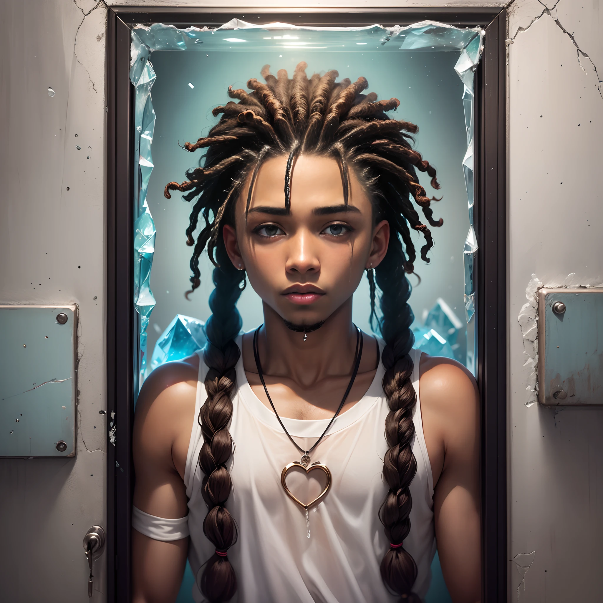 Young Boy 19 Year Old Rapper In Twist Braids Dreads In Hair ,In the background broken heart of ice with the boy coming out of the inside with broken ice all over the place --auto --s2