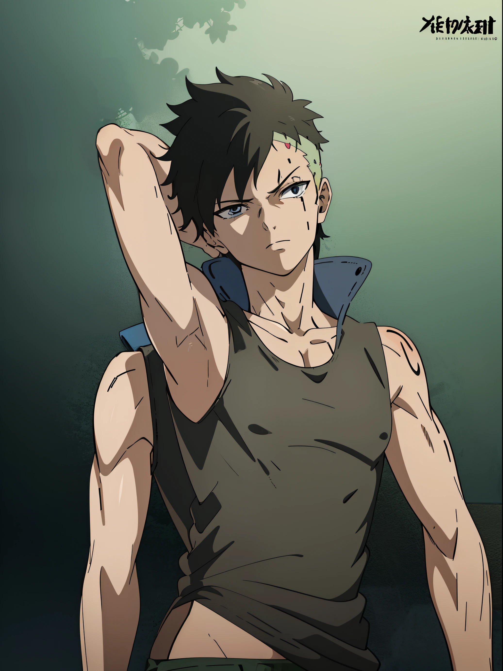 Highres, Masterpiece, Best quality at best,Best Quality,hight quality, hight detailed, kawaki, tank top, masterpiece, (slim body), (short body), (armpit)