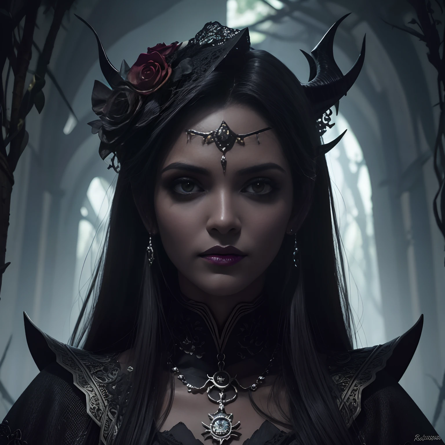Melhor qualidade, extremamente detalhado, (retrato), de uma maligna demoniaca e bela garota gerreira, Beautful, cabelos brancos, corpo lindo, pele palida, dragon cyphers, olhos brancos sem retinas, sombreado preto borrado e escorrido e em volta dos olhos, Her appearance is that of undead Spectro, roupas rasgadas, em uma floresta seca e morta e sombria, infernal, 8k, ultra detalhado e realista