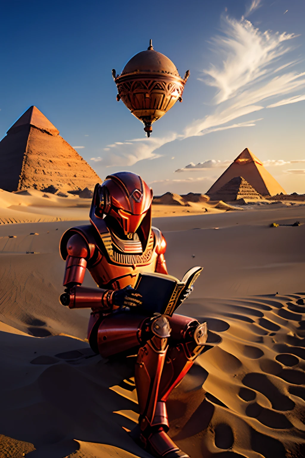 Robot in aged red metal, metal marrom enferrujado, luzes brilhantes, The robot is reading a book at the foot of a dune and in the background is a gigantic Egyptian pyramid and over it a flying saucer.