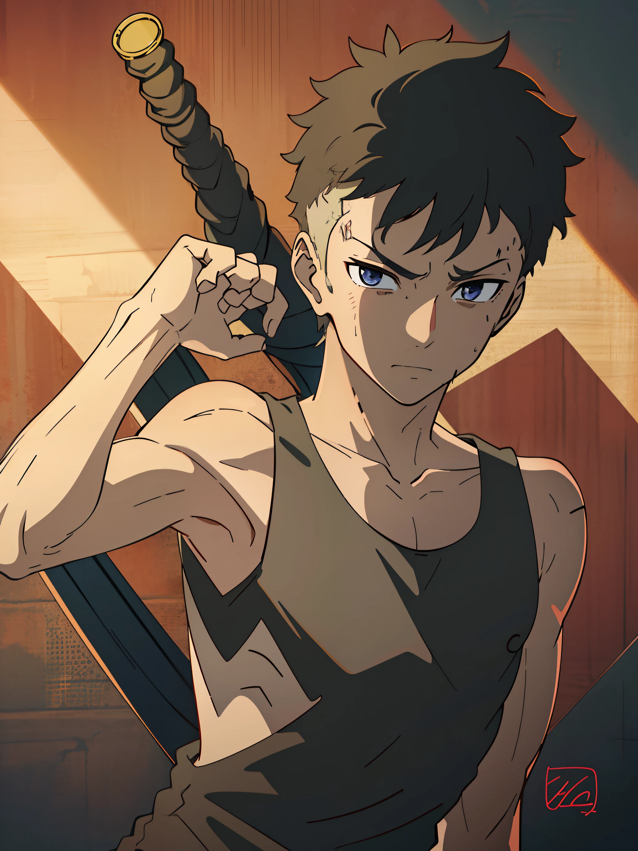 Highres, Masterpiece, Best quality at best,Best Quality,hight quality, hight detailed, boy, 1boy, kawaki, tank top, masterpiece, (slim body), (short body), (armpit)