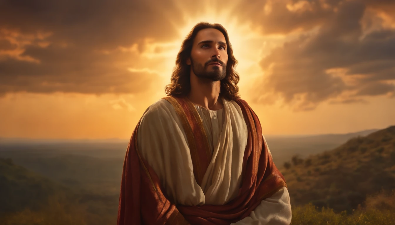 (melhor qualidade,4k,8k,Altas,master part:1.2),ultra-detalhado,(Realistic,fotorrealista,photo-realistic:1.37),Jesus Christ looking up to heaven,expression happy, estilo de arte tradicional,vivid and dynamic brushstrokes,Ancient playful setting ,Charismatic expression,postura humilde,historic portrait,Noble Features,estilo de pintura de tinta e lavagem,finely detailed facial features,Paradisiacal scenery,olhar confiante,,ambiente com Luz do sol dourada iluminando a cena,aura angelical,atmosphric perspective,Explosive lighting