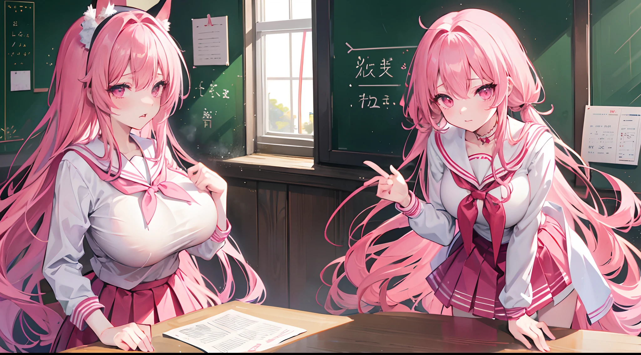 Long pink hair to the waist,dual horsetail,Girl with pink eyes in sailor uniform school uniform,huge tit,,Slimy appearance,Be red in the face,is shy,In the classroom,With your mouth open,Clothes were torn,Bend over,Miss Ghost