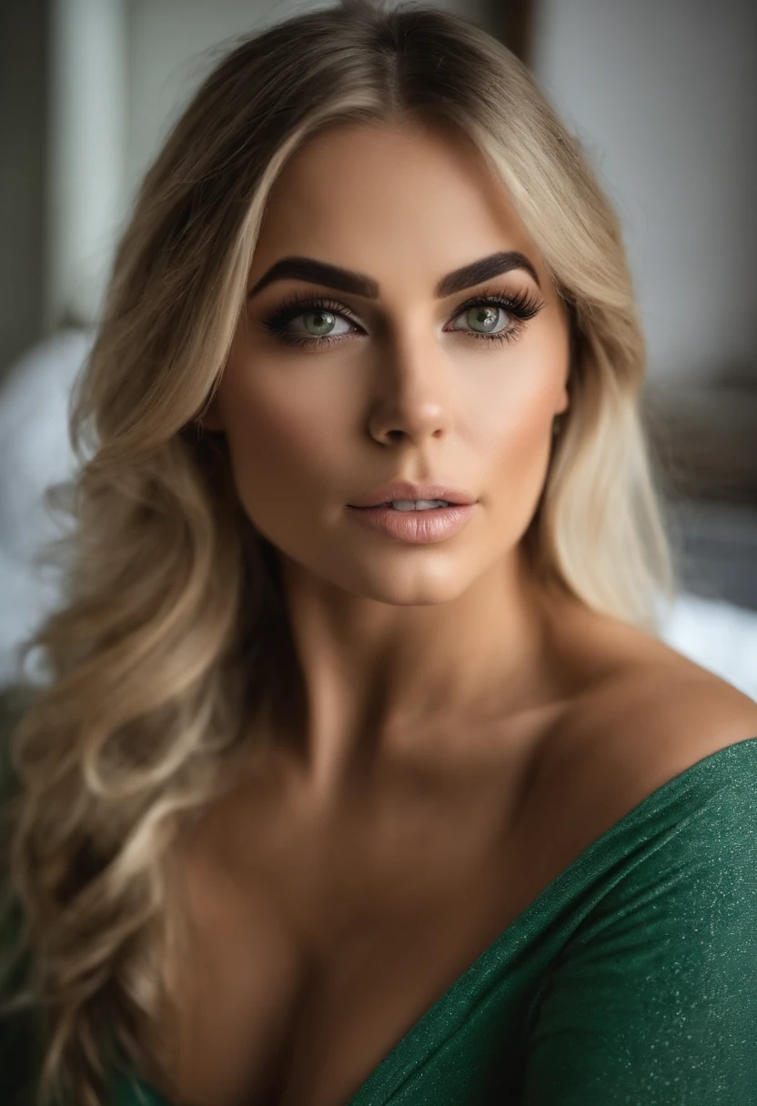 Arafed mujer completamente , Chica sexy con ojos verdes, realista, credibly, meticulosamente detallado, foto cuerpo completo, Voluminous blonde hair, rasgos europeos, selfie de una mujer joven, Camera eyes, Violeta Myers, maquillaje, Maquillaje natural, staring directly into camera, Cara con Artgram, Maquillaje sutil, Gran foto de todo el cuerpo arrodillado en la cama, in the room, Busto muy grande,