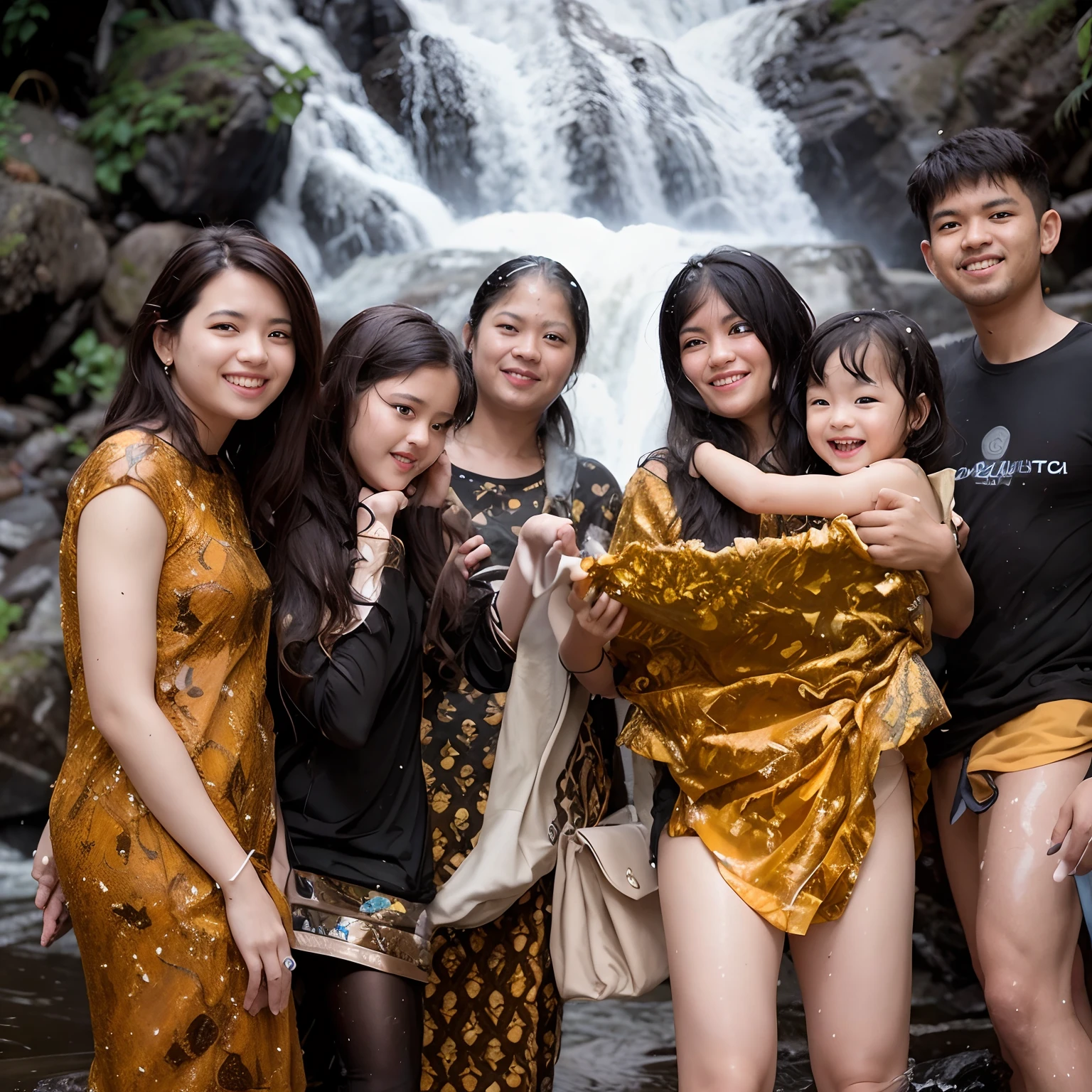 there are four people standing in front of a waterfall, with a waterfalls, photo taken with nikon d750, photo taken with nikon d 7 5 0, with waterfalls, candid photography, photo taken with sony a7r, standing near a waterfall, photo taken with sony a7r camera, with wet faces!!, photo taken with canon 5d, family photography