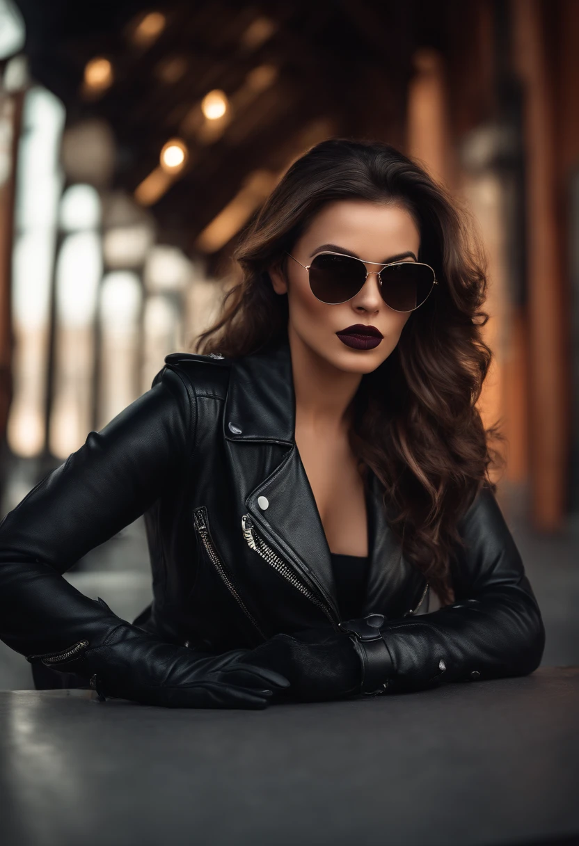 (best quality,4k,8k,highres,masterpiece:1.2),ultra-detailed,(realistic,photorealistic,photo-realistic:1.37),Lola,brunette influencer,leather outfit,stylish,confident,beautiful detailed eyes,beautiful detailed lips,extremely detailed eyes and face,long eyelashes,modern,urban location,cityscape backdrop,bright and vibrant colors,studio lighting,dramatic shadows,edgy fashion,high contrast,gritty atmosphere,lens flare effect,expensive accessories,motorcycle prop,smokey eye makeup,leather gloves,posing with attitude,striking pose,sleek and shiny hair,retro sunglasses,classy biker boots,grunge aesthetic,cool and composed demeanor,glamorous appearance,street style fashion
