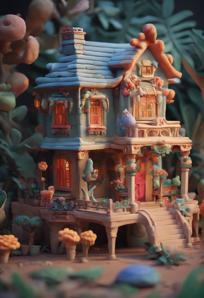 House in the Blood Gloria Studio, The garden is full of skulls , clay material, Cartoon Design Style, POP MARCH, Gloomy lighting, Smooth Lines, Tilt and shift lenses, Detailed sci-fi illustrations, hyper-realistic details, warm color