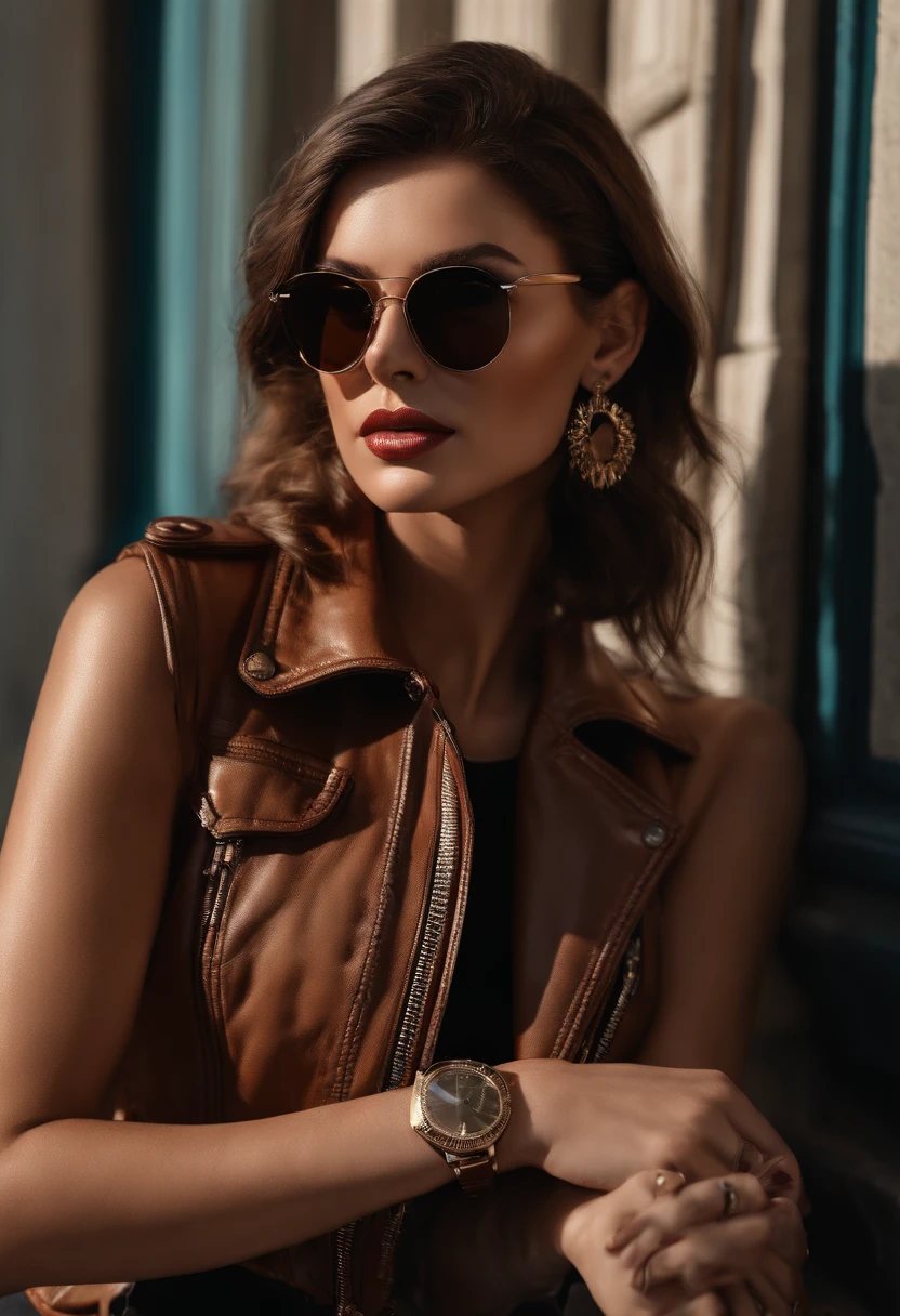 (Best quality,4K,8k,high resolucion,Masterpiece:1.2),Ultra-detailed,(Realstic,photoreallistic,photo-realistic:1.37),Lola,brunette influencer,Tenue en cuir,chic,confiant,beautiful detailed eyes,beautiful detailed lips,extremely detailed eyes and face,Cils longs,moderne,Emplacement urbain,Toile de fond de paysage urbain,Des couleurs vives et vibrantes,studio lighting,Ombres dramatiques,Mode avant-gardiste,high contrast,Gravelly atmosphere,Lens Brightness Effect,Expensive accessories,Motorcycle Propeller,Maquillage smokey eye,Gants en cuir,Poser avec attitude,pose frappante,Des cheveux lisses et brillants,Retro Sunglasses,bottes de motard chics,grunge aesthetic,Calm and collected attitude,Apparence glamour,mode street style