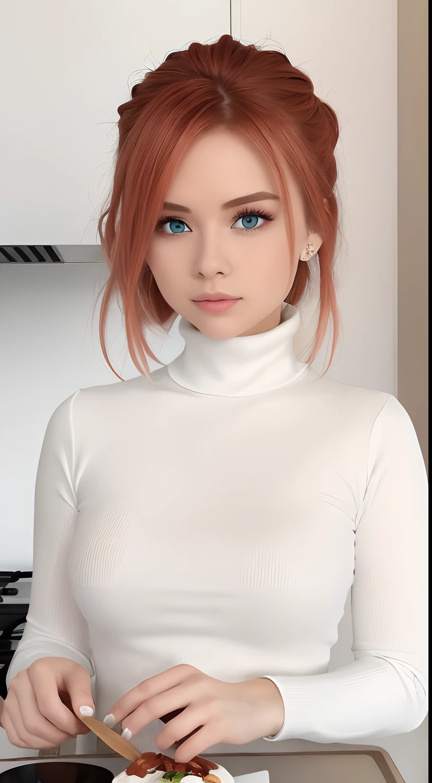 best quality, masterpiece, kyrielight mash, solo, 1girl, black eyes, white turtleneck shirt, (chibi: 0.6), light red hair, sticker, emoji, cute, white background, ((making food))