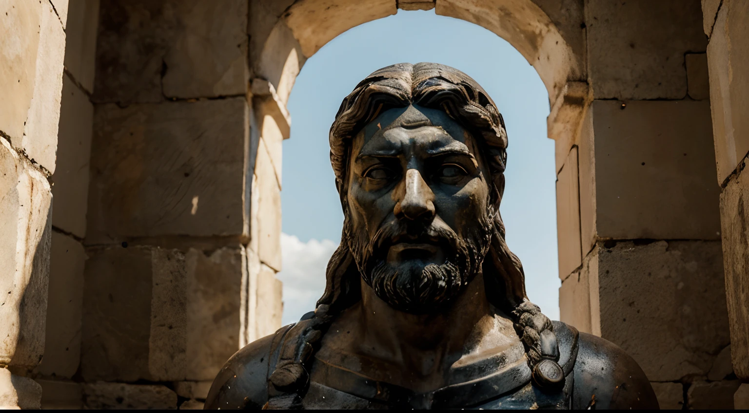 Ancient Stoic Statue With Very Angry Expression, tem barba, muitos detalhes em ambos os olhos, Outside, fundo atenas grego, open sky, com rosto extremamente detalhado full body view, Colors with low saturation with dark tone, Filmado em Sony A7S III com Sony FE 35mm f/1.8, 12.1 MP, --AR 3:2 --estilo cru