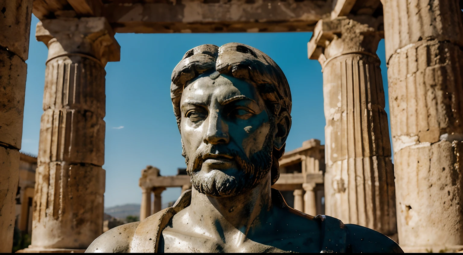 Ancient Stoic Statue With Very Angry Expression, tem barba, muitos detalhes em ambos os olhos, Outside, fundo atenas grego, open sky, com rosto extremamente detalhado full body view, Colors with low saturation with dark tone, Filmado em Sony A7S III com Sony FE 35mm f/1.8, 12.1 MP, --AR 3:2 --estilo cru