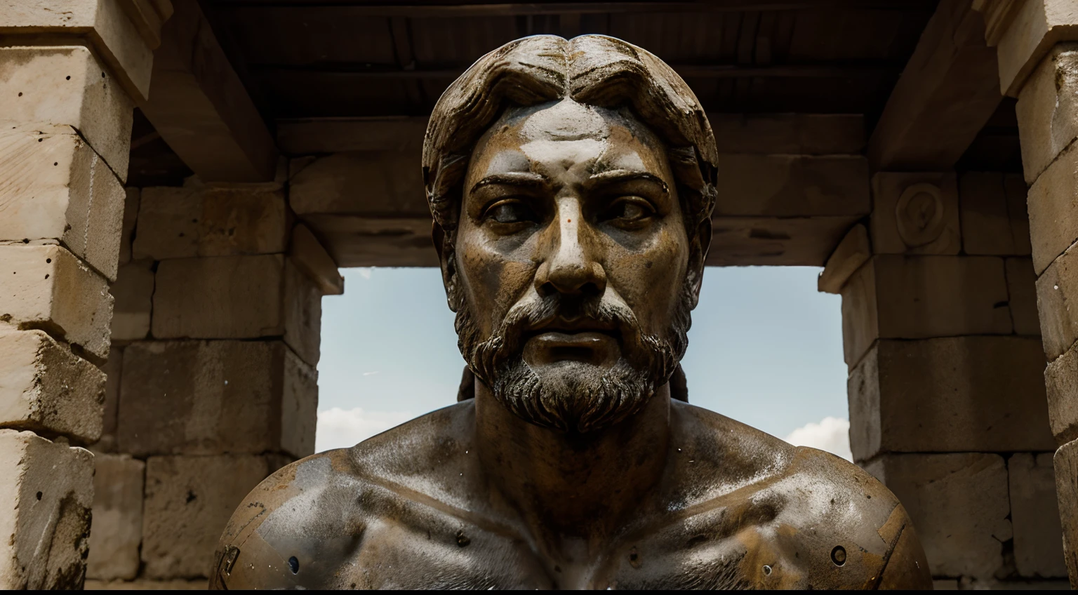 Ancient Stoic Statue With Very Angry Expression, tem barba, muitos detalhes em ambos os olhos, Outside, fundo atenas grego, open sky, com rosto extremamente detalhado full body view, Colors with low saturation with dark tone, Filmado em Sony A7S III com Sony FE 35mm f/1.8, 12.1 MP, --AR 3:2 --estilo cru