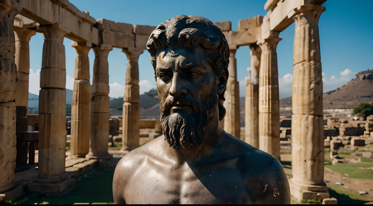 Ancient Stoic Statue With Very Angry Expression, tem barba, muitos detalhes em ambos os olhos, Outside, fundo atenas grego, open sky, com rosto extremamente detalhado full body view, Colors with low saturation with dark tone, Filmado em Sony A7S III com Sony FE 35mm f/1.8, 12.1 MP, --AR 3:2 --estilo cru