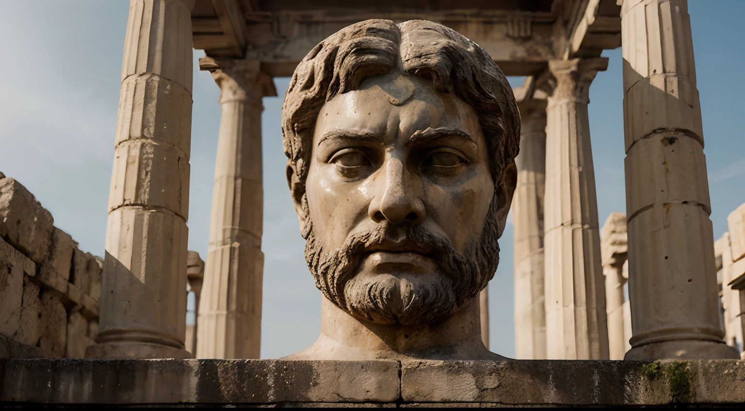 Ancient Stoic Statue With Very Angry Expression, tem barba, muitos detalhes em ambos os olhos, Outside, fundo atenas grego, open sky, com rosto extremamente detalhado full body view, Colors with low saturation with dark tone, Filmado em Sony A7S III com Sony FE 35mm f/1.8, 12.1 MP, --AR 3:2 --estilo cru