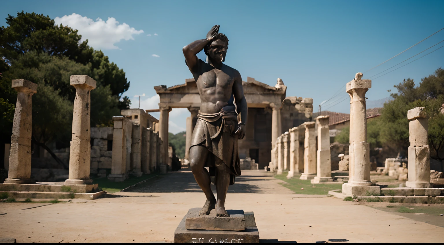 Ancient Stoic Statue With Very Angry Expression, tem barba, muitos detalhes em ambos os olhos, Outside, fundo atenas grego, open sky, com rosto extremamente detalhado full body view, Colors with low saturation with dark tone, Filmado em Sony A7S III com Sony FE 35mm f/1.8, 12.1 MP, --AR 3:2 --estilo cru