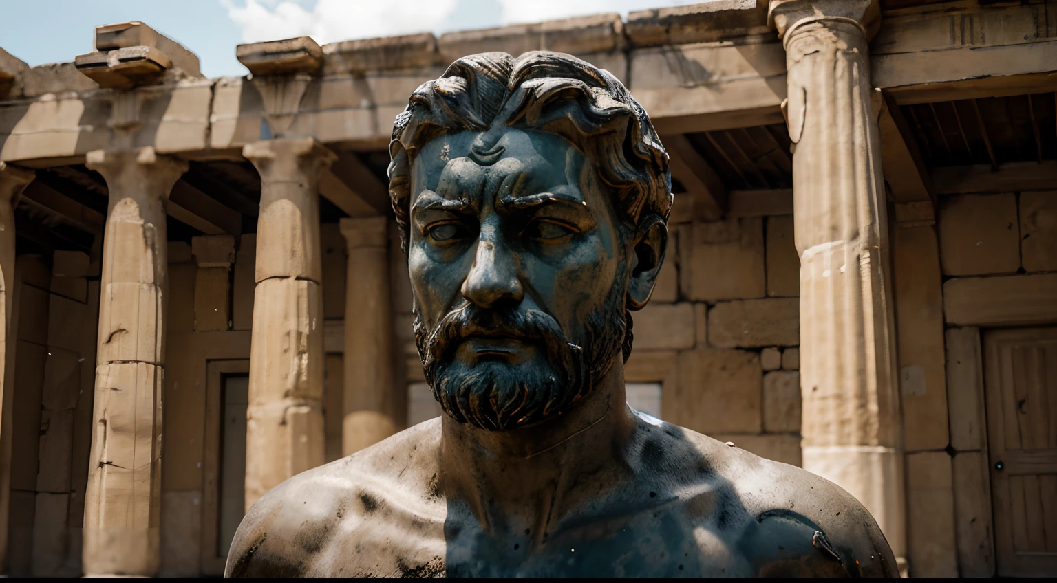 Ancient Stoic Statue With Very Angry Expression, tem barba, muitos detalhes em ambos os olhos, Outside, fundo atenas grego, open sky, com rosto extremamente detalhado full body view, Colors with low saturation with dark tone, Filmado em Sony A7S III com Sony FE 35mm f/1.8, 12.1 MP, --AR 3:2 --estilo cru