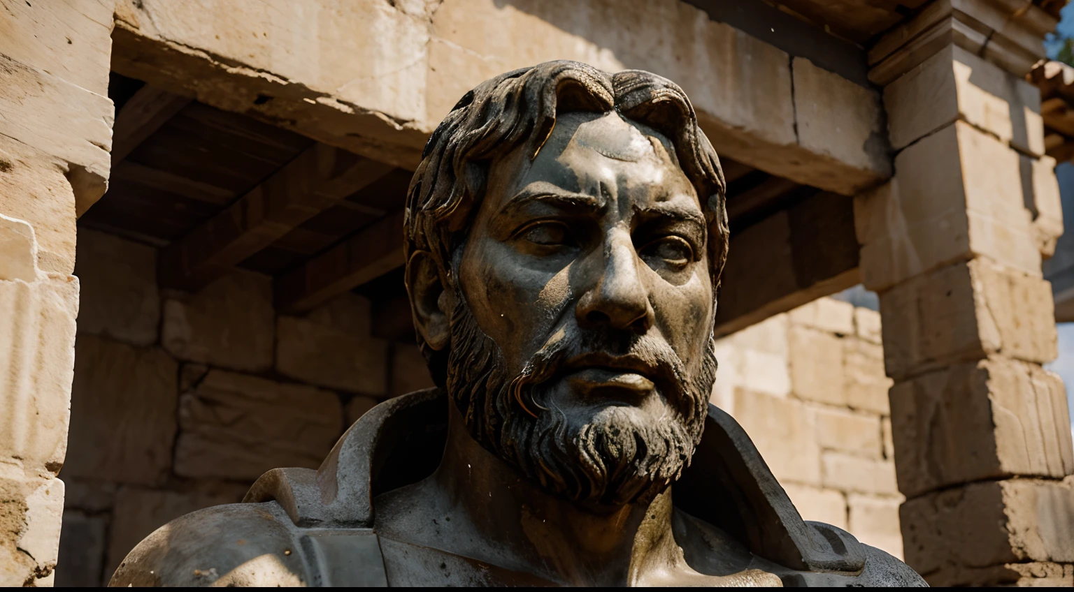 Ancient Stoic Statue With Very Angry Expression, tem barba, muitos detalhes em ambos os olhos, Outside, fundo atenas grego, open sky, com rosto extremamente detalhado full body view, Colors with low saturation with dark tone, Filmado em Sony A7S III com Sony FE 35mm f/1.8, 12.1 MP, --AR 3:2 --estilo cru
