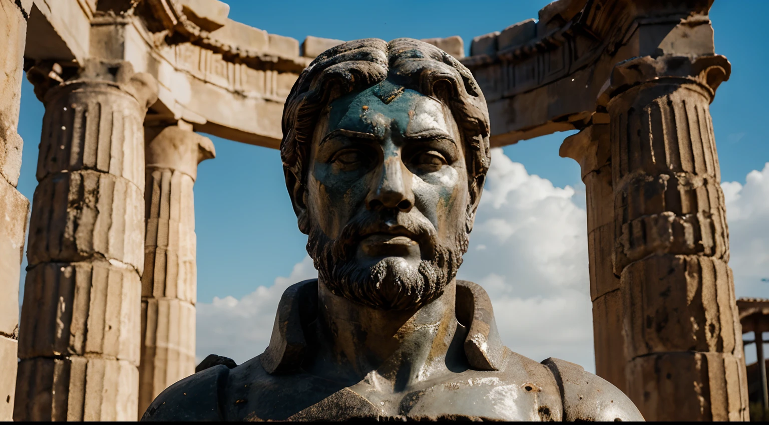 Ancient Stoic Statue With Very Angry Expression, tem barba, muitos detalhes em ambos os olhos, Outside, fundo atenas grego, open sky, com rosto extremamente detalhado full body view, Colors with low saturation with dark tone, Filmado em Sony A7S III com Sony FE 35mm f/1.8, 12.1 MP, --AR 3:2 --estilo cru