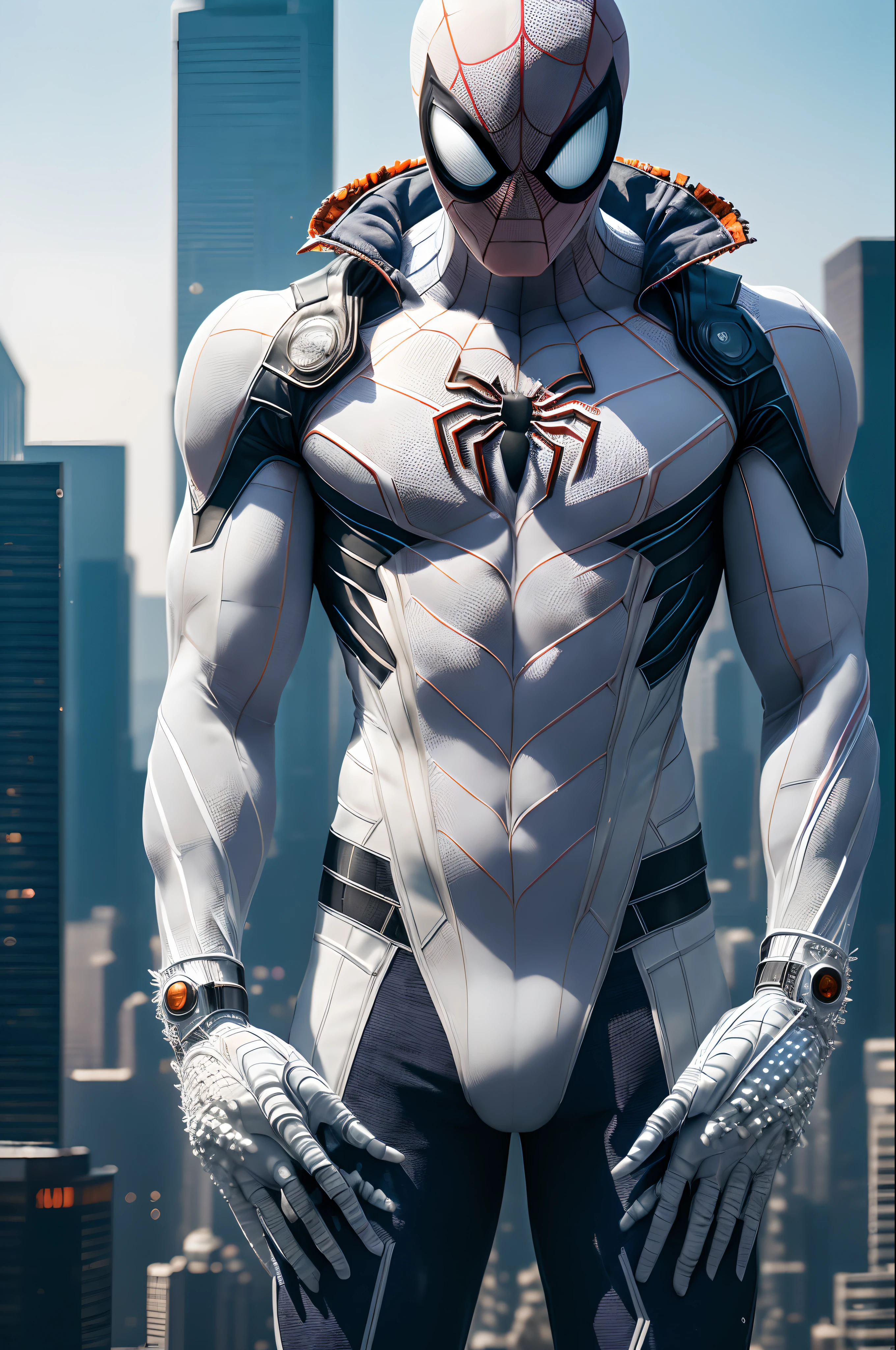 (extremely detailed 8k wallpaper), a medium shot photo of white cyberpunk Spiderman suit made of cyan ice from marvel, Halloween theme, Halloween decorations, intricate, high detail, dramatic