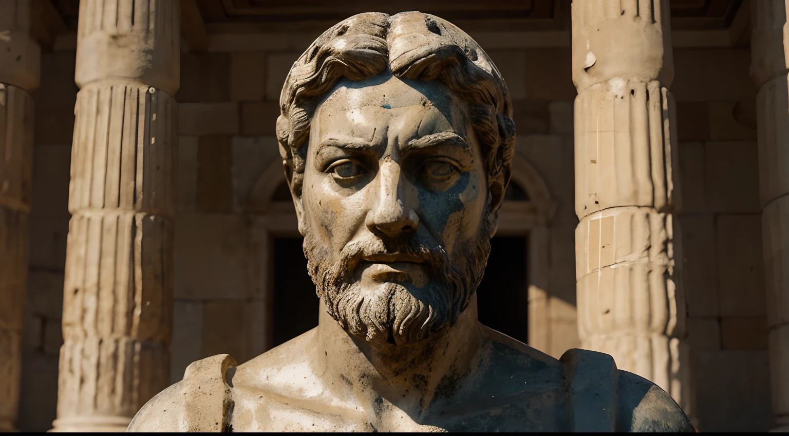 Ancient Stoic Statue With Very Angry Expression, tem barba, muitos detalhes em ambos os olhos, Outside, fundo atenas grego, open sky, com rosto extremamente detalhado full body view, Colors with low saturation with dark tone, Filmado em Sony A7S III com Sony FE 35mm f/1.8, 12.1 MP, --AR 3:2 --estilo cru