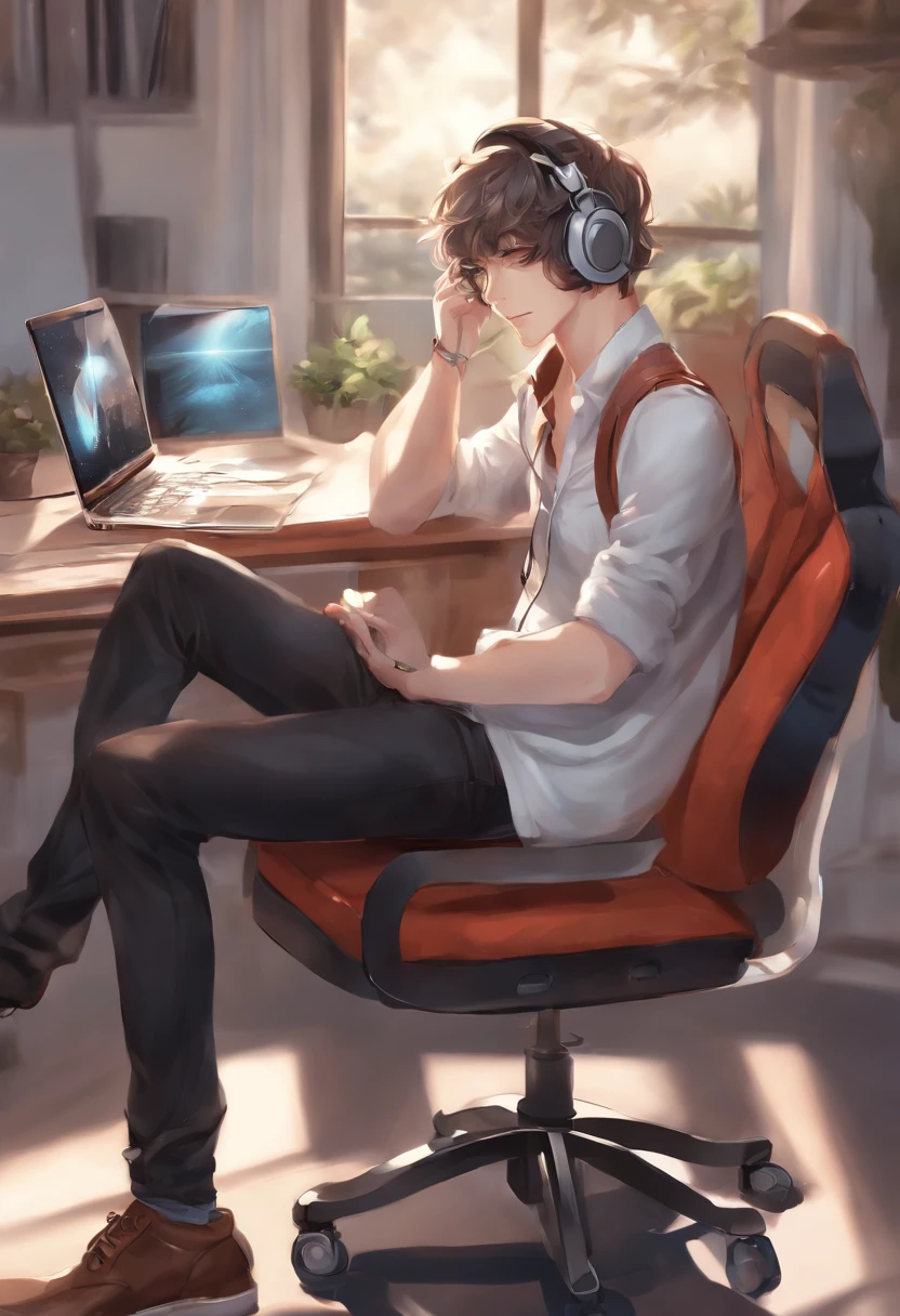 anime guy sitting in a chair with headphones on and a laptop, digital anime illustration, handsome anime pose, smooth anime cg art, anime handsome man, young anime man, with headphones, kawacy, digital anime art, ig studios anime style, high quality anime artstyle, anime moe artstyle, digital art on pixiv, painted in anime painter studio