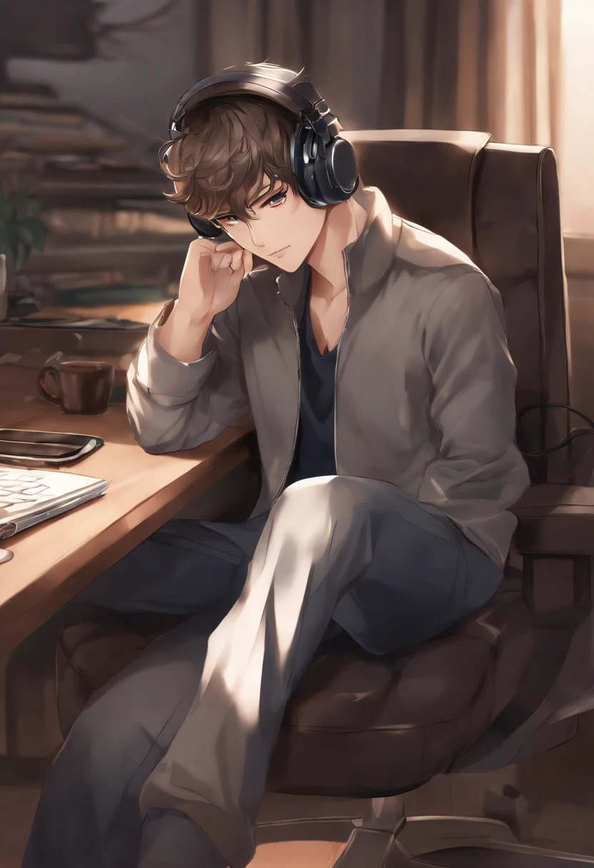 anime guy sitting in a chair with headphones on and a laptop, digital anime illustration, handsome anime pose, smooth anime cg art, anime handsome man, young anime man, with headphones, kawacy, digital anime art, ig studios anime style, high quality anime artstyle, anime moe artstyle, digital art on pixiv, painted in anime painter studio