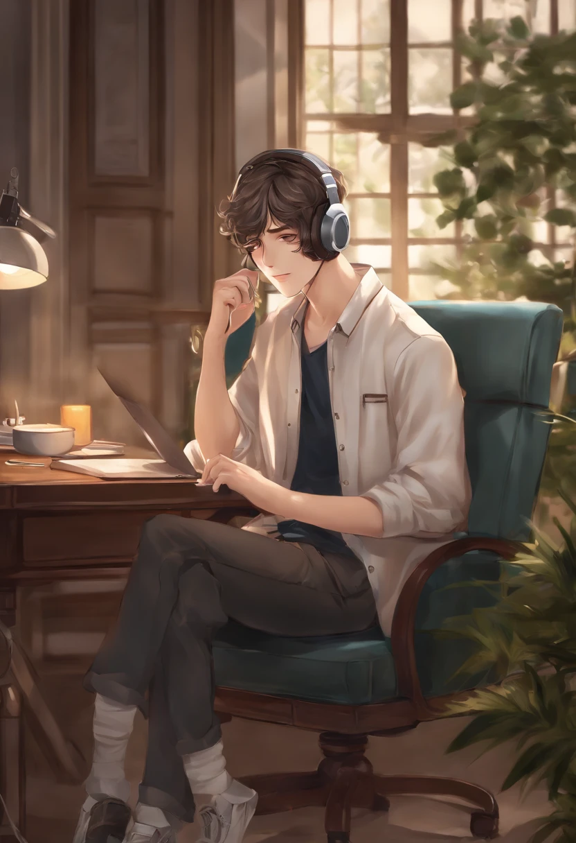 anime guy sitting in a chair with headphones on and a laptop, digital anime illustration, handsome anime pose, smooth anime cg art, anime handsome man, young anime man, with headphones, kawacy, digital anime art, ig studios anime style, high quality anime artstyle, anime moe artstyle, digital art on pixiv, painted in anime painter studio
