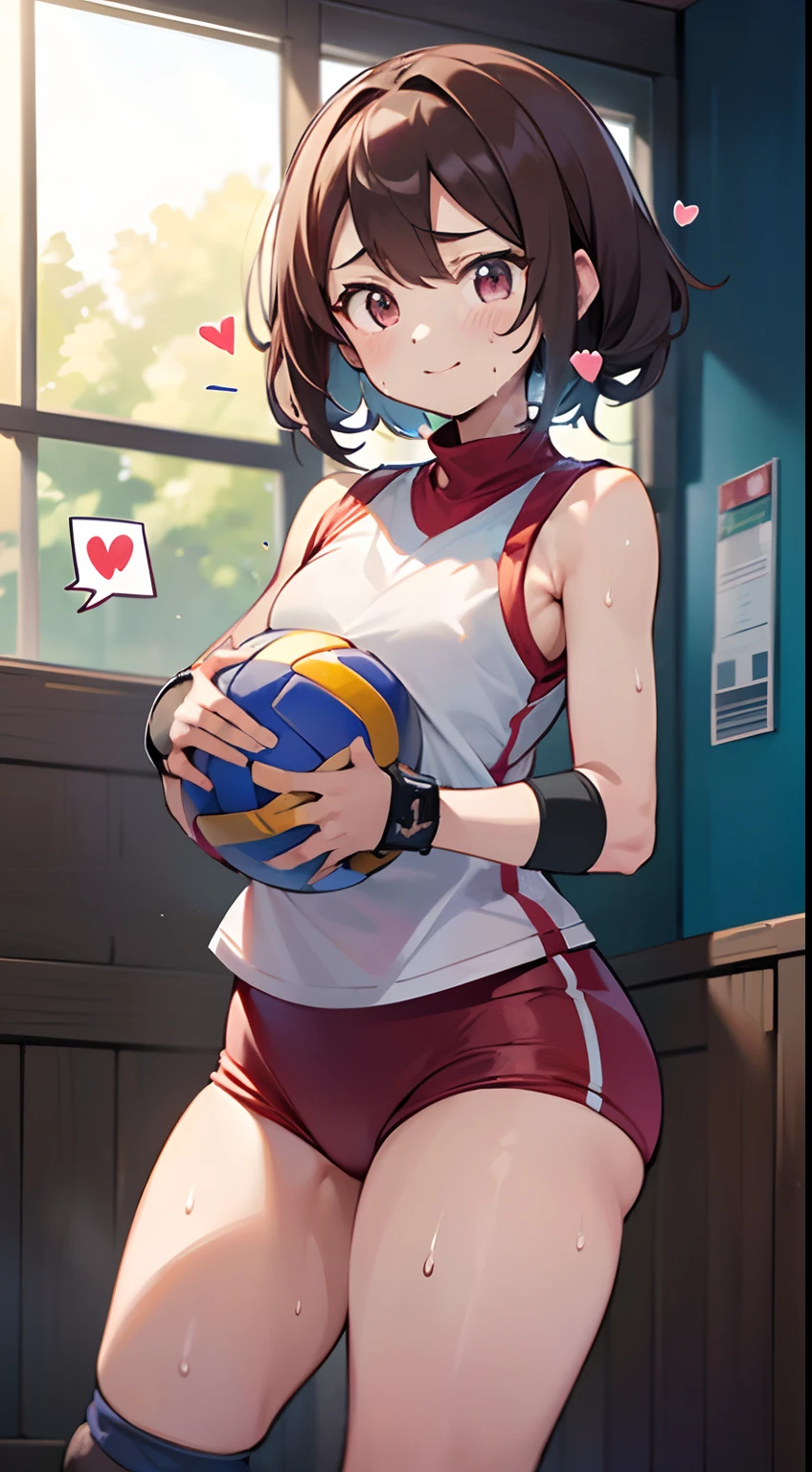 nffsw, Anatomically correct, 8K, (((masutepiece))), (((Best Quality))), (((ultra-detailliert))), (((hight resolution))), ((superfine illustration)), ((Ultimate cutie)), Detailed beautiful face, Solo, ((gals)), pot-bellied, ((Curve)), Shiny hair, Happy, Smile, (blush),
BREAK, (((Buruma))), ((Sleeveless gym clothes)), ((wristbands)), ((Kneepads)), Buruma, Buruma,
BREAK, (((Throw a beautiful spherical 6-inch volleyball))), ((Sweat)), (perspired), (Heavy breathing), Sense of depth, in gymnasium, Lighting, Look at viewers, (Spoken Heart)