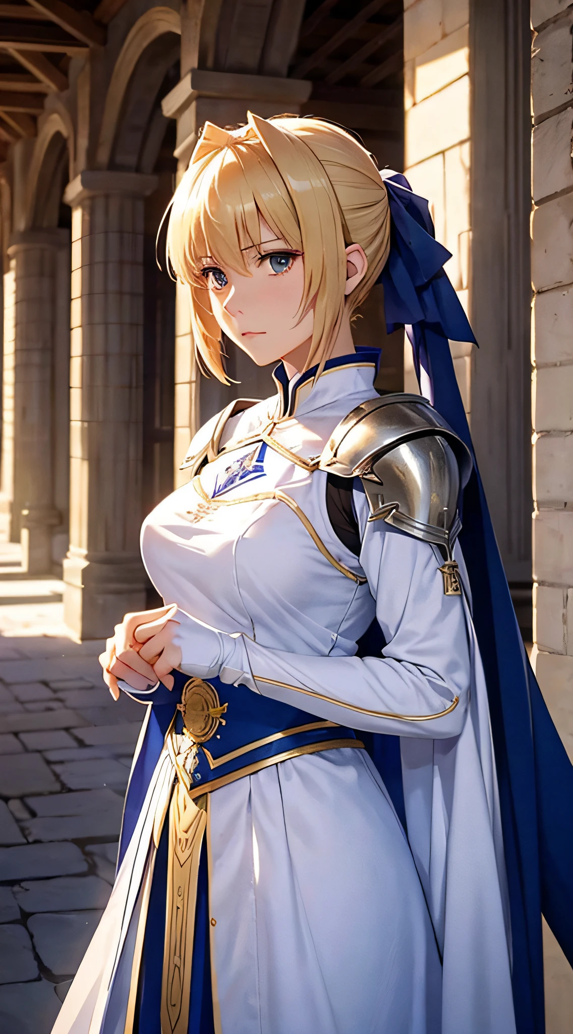 (an animated character、Characters from FATE、female character、Saber、Arthur Pendragon、servant)、Holy Sword Excalibur、More realistic、Beautiful picture、Captured the whole picture、Inside the Western-style building、King Arthur、Japanese anime Fate、Beautiful Female Knight、It had a face that resembled more anime、Western Pavilion、Cool standing figure、Fate's Saber
