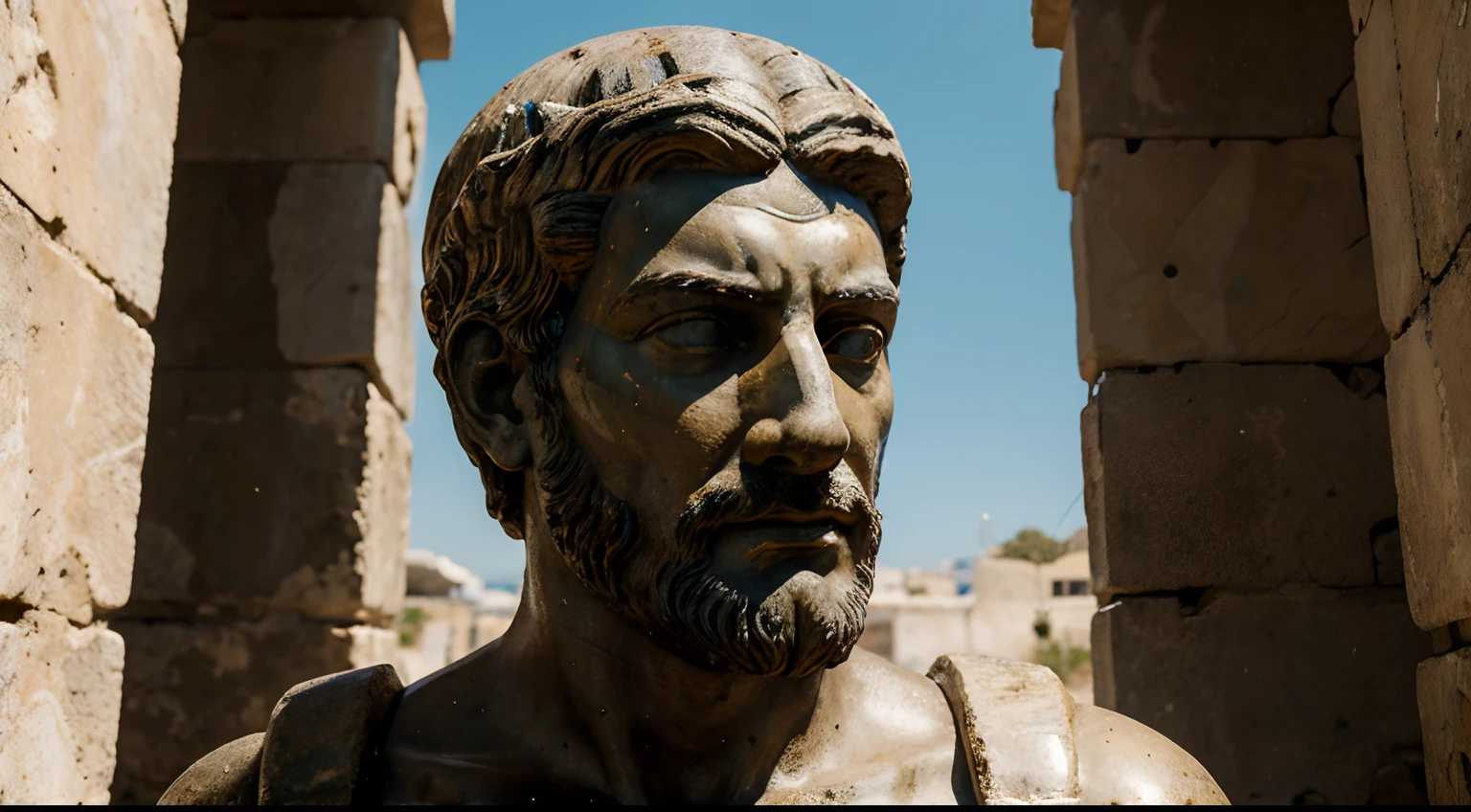 Ancient Stoic Statue With Very Angry Expression, tem barba, muitos detalhes em ambos os olhos, Outside, fundo atenas grego, open sky, com rosto extremamente detalhado full body view, Colors with low saturation with dark tone, Filmado em Sony A7S III com Sony FE 35mm f/1.8, 12.1 MP, --AR 3:2 --estilo cru