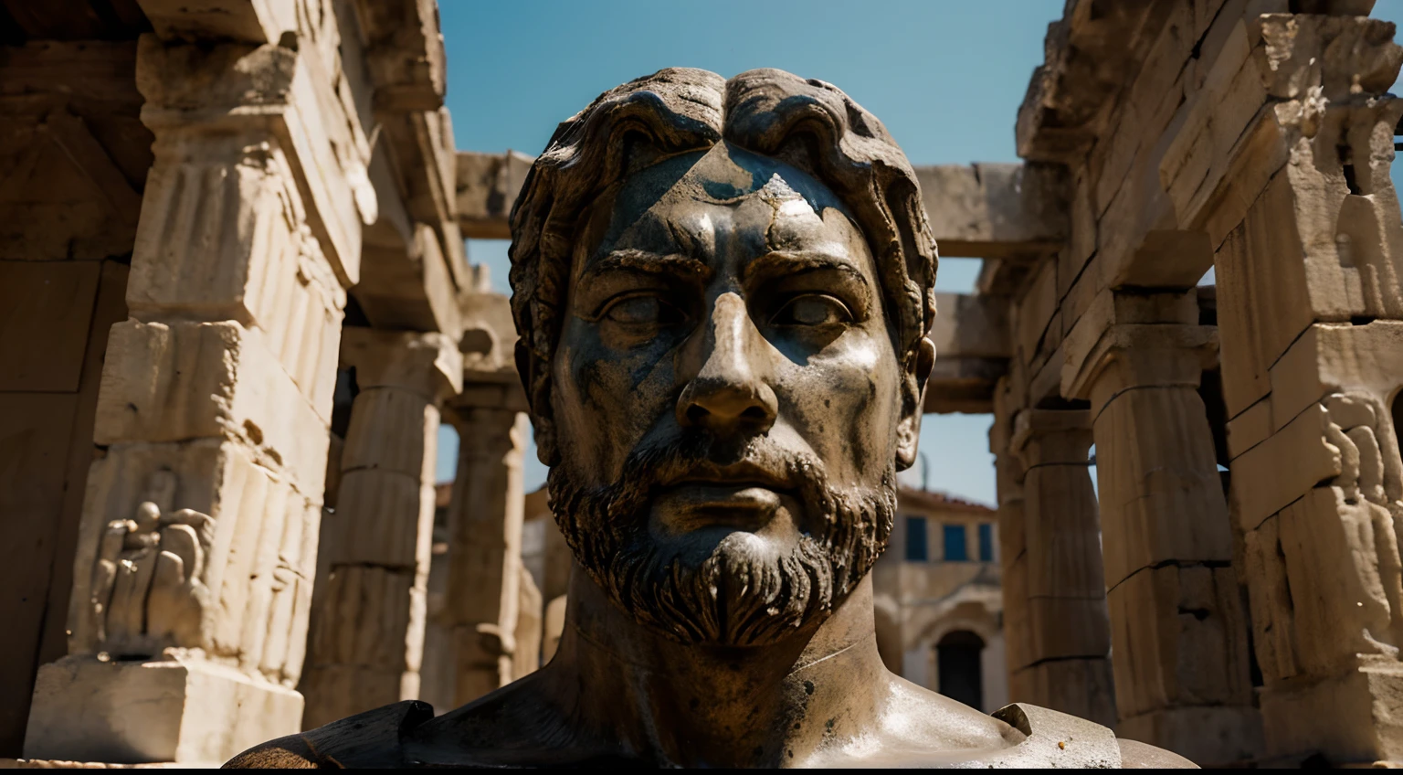 Ancient Stoic Statue With Very Angry Expression, tem barba, muitos detalhes em ambos os olhos, Outside, fundo atenas grego, open sky, com rosto extremamente detalhado full body view, Colors with low saturation with dark tone, Filmado em Sony A7S III com Sony FE 35mm f/1.8, 12.1 MP, --AR 3:2 --estilo cru