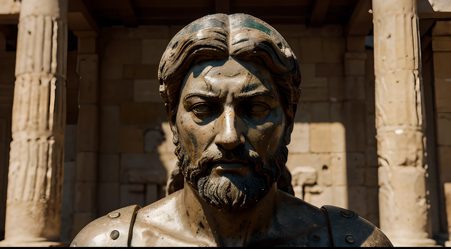 Ancient Stoic Statue With Very Angry Expression, tem barba, muitos detalhes em ambos os olhos, Outside, fundo atenas grego, open sky, com rosto extremamente detalhado full body view, Colors with low saturation with dark tone, Filmado em Sony A7S III com Sony FE 35mm f/1.8, 12.1 MP, --AR 3:2 --estilo cru